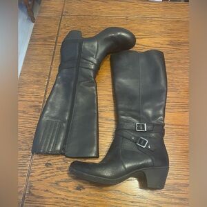 Black Mid-Calf Heeled Riding Boots with Buckle Detail